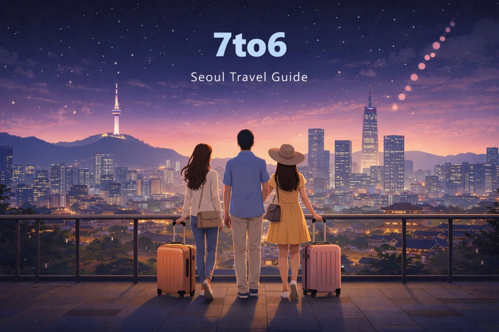 Friends traveling Seoul with carrier luggage at sunset